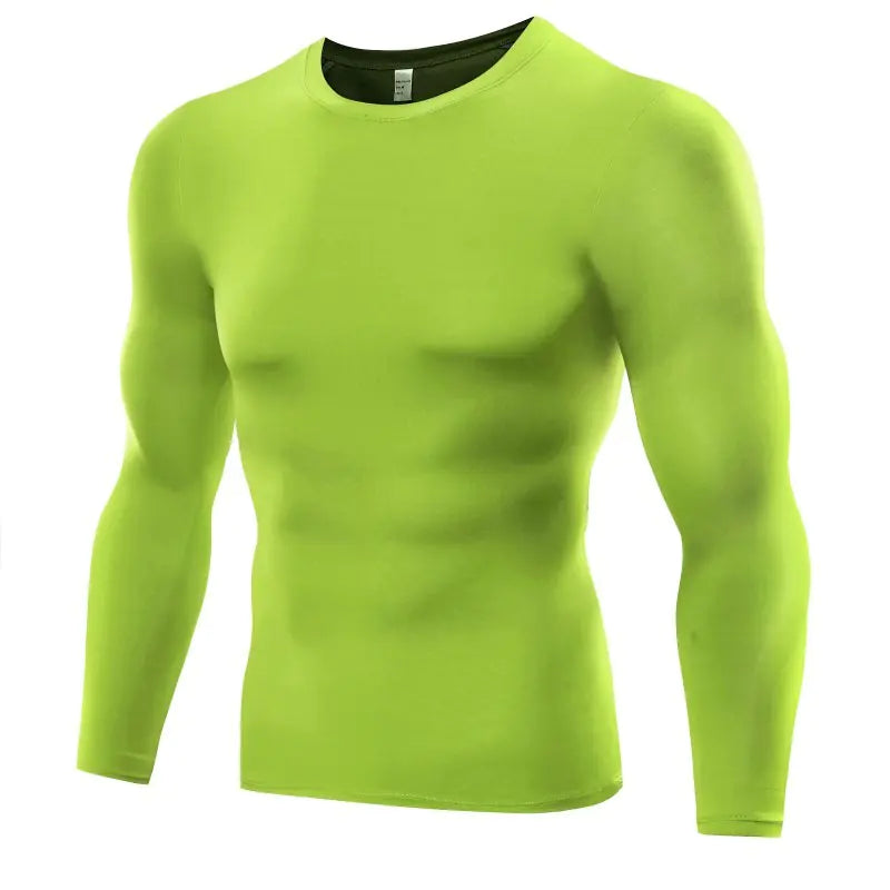 Vibrant men's athletic compression top in striking green, crafted for high elasticity and modern fitness aesthetics.