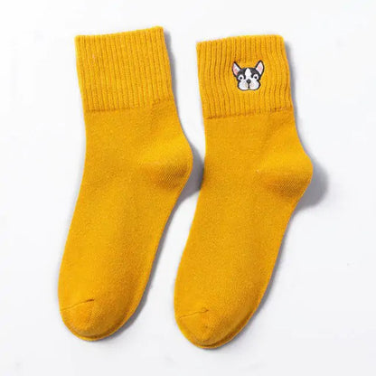 Yellow Cozy Women's Cotton French Bulldog Embroidered Socks, presenting a playful and luxurious accessory for dog lovers.