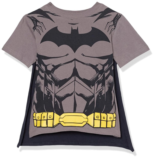 Elegant boys' Batman cape t-shirt, providing a sophisticated twist with a black and charcoal colour scheme, adorned with a captivating Batman graphic, made from premium 100% cotton, perfect for children aged 5-6 years.