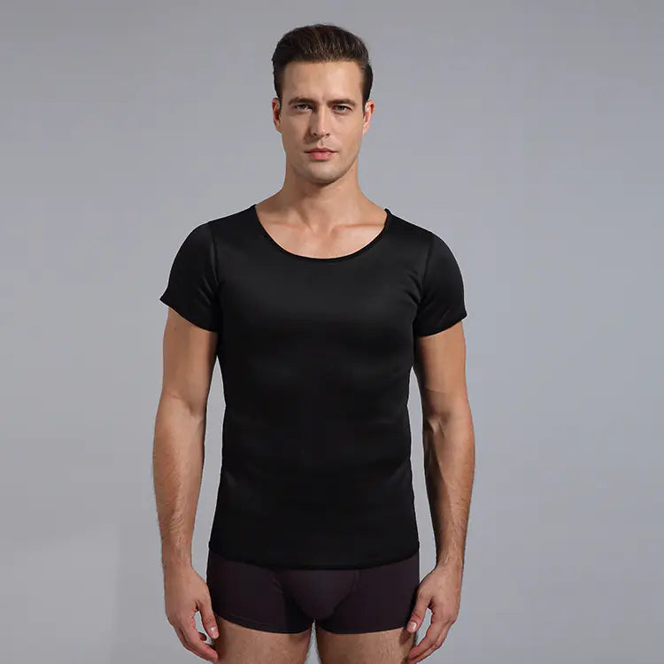 Refined black short sleeve body shaper t-shirt, exuding luxury and comfort, perfect for enhancing athletic performance and casual elegance.