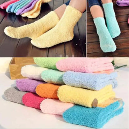 Luxurious Women's Bed Socks in assorted candy colours, fluffy and warm, perfect for winter comfort and festive coziness. Showcase of various vibrant hues including soft yellow, mint green, and pastel pink, ideal for indulging your feet during chilly nights.