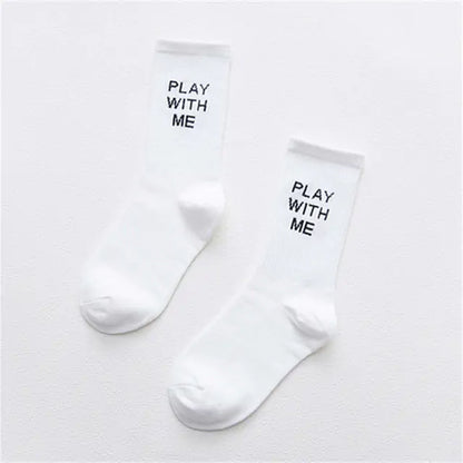 Dazzling Dreams Women’s/Girl’s Street Sports Socks in pristine white, featuring bold black lettering that reads 'PLAY WITH ME', blending chic style with comfort.