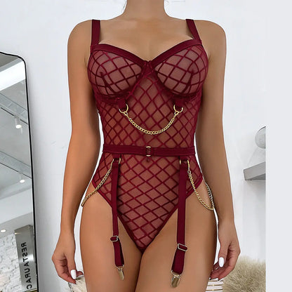 Lace Sissy Crotchless Bodysuit – Seductive Plaid Lingerie with Chain Detail presented in a rich burgundy shade, combining sensual lace with striking chain accents for a bold statement.