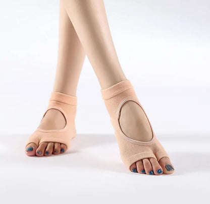 Women's Anti-Slip Yoga Socks: Two-Toe Cotton Pilates Slipper in a soft peach tone, perfect for stylish workouts with enhanced traction.