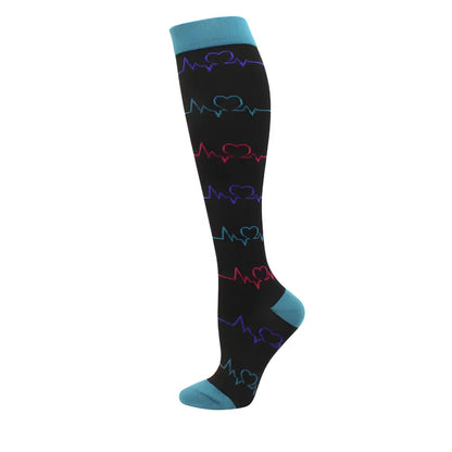 Women's Knee Length Compression Travel Socks for Comfort, Style, and Circulation showcasing a chic heartbeat design against a black background, blending health and elegance for stylish travellers.