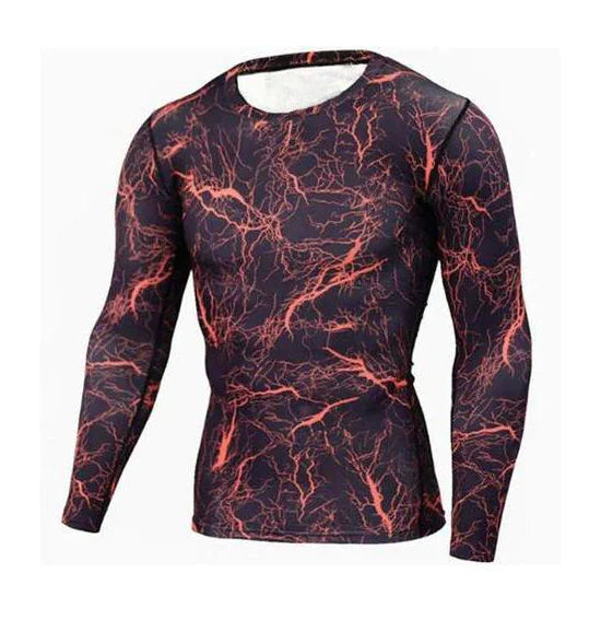 Premium men's long sleeve compression top showcasing a vibrant red lightning design, combining aesthetics and performance for active lifestyles.