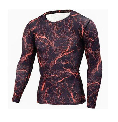 Premium men's long sleeve compression top showcasing a vibrant red lightning design, combining aesthetics and performance for active lifestyles.
