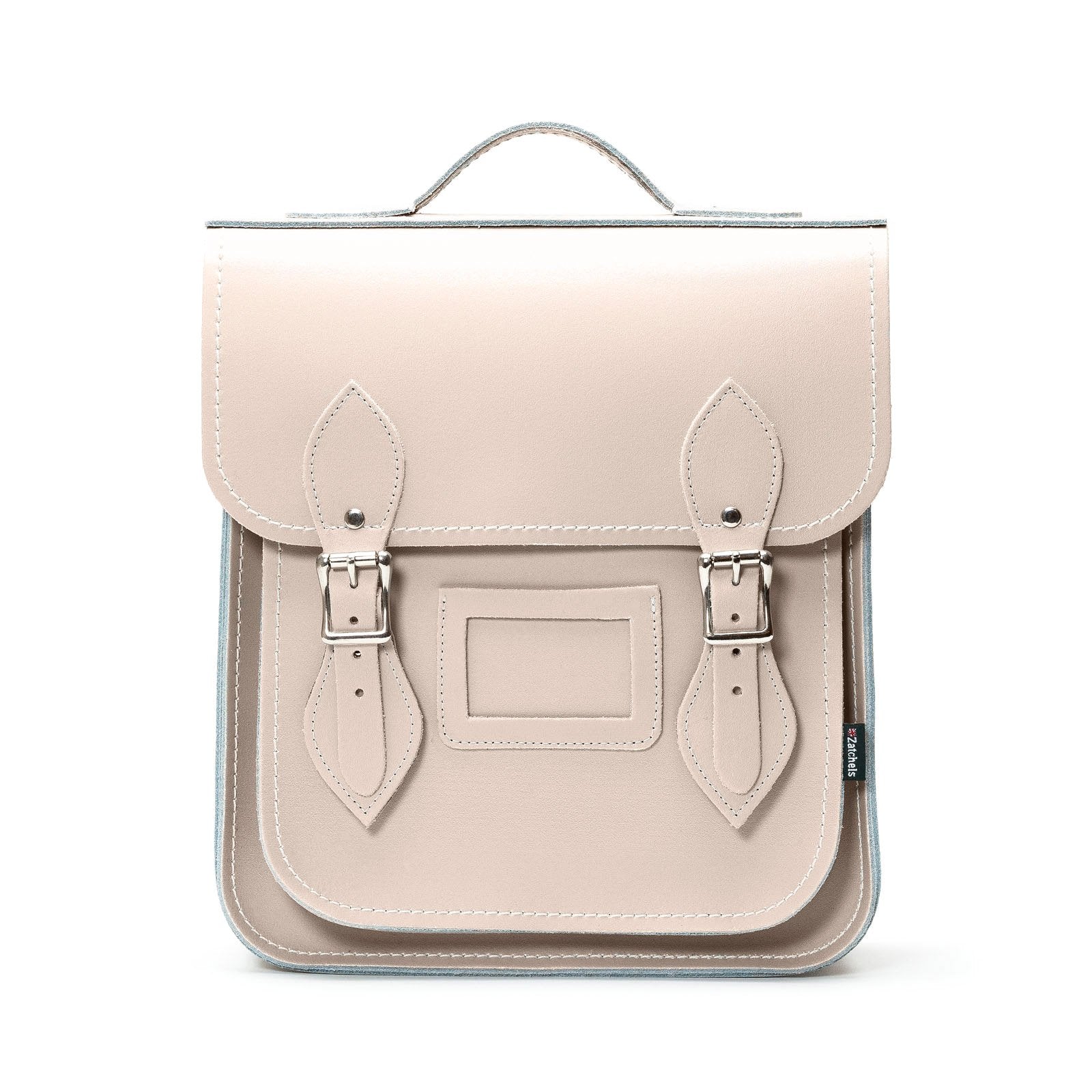 Luxury Handmade Leather City Backpack in Iced Coffee, showcasing premium Scottish leather and silver nickel buckles, perfect for carrying laptops and tablets.