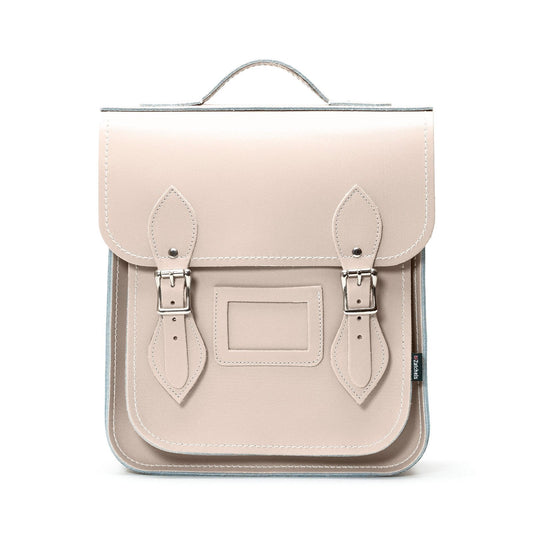 Luxury Handmade Leather City Backpack in Iced Coffee, showcasing premium Scottish leather and silver nickel buckles, perfect for carrying laptops and tablets.