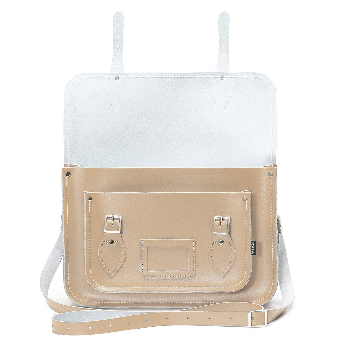 Luxury Handmade Leather Satchel in Iced Coffee showcasing exquisite craftsmanship and adjustable strap for versatile wear.