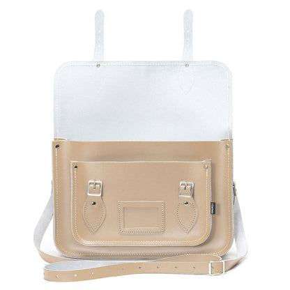 Luxury Handmade Leather Satchel in Iced Coffee showcasing exquisite craftsmanship and adjustable strap for versatile wear.