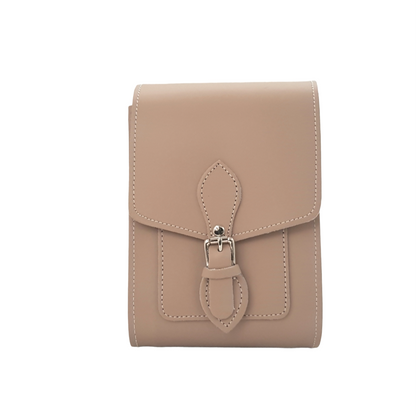 Luxury Handmade Leather Festival Phone Bag in Iced Coffee, featuring an elegant magnetic closure and adjustable strap, perfect for stylish outings.