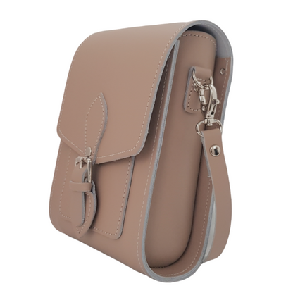 Luxury handmade leather festival phone bag in iced coffee colour by Zatchels, featuring an adjustable strap and elegant magnetic closure, perfect for stylish outings and events.