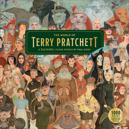 The Discworld Terry Pratchett 1000 Piece Jigsaw Puzzle showcasing intricate details of classic characters, designed by Paul Kidby, celebrating the whimsical charm of Terry Pratchett's literary world.