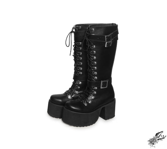 Black Matte Leather Knee High Platform Boots, "Lexa" Gothic Platform Boots