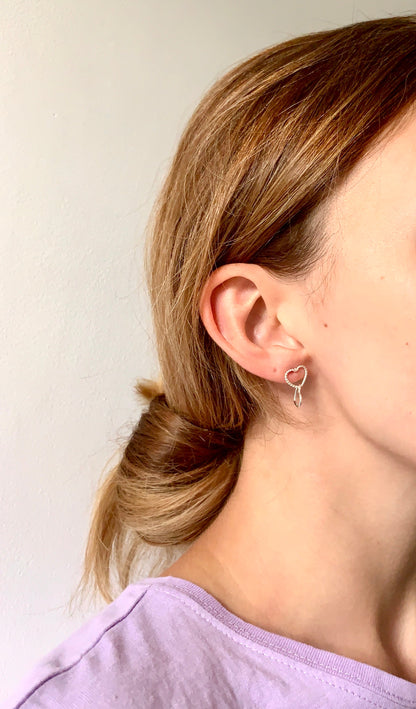 Textured heart chain sterling silver stud earrings