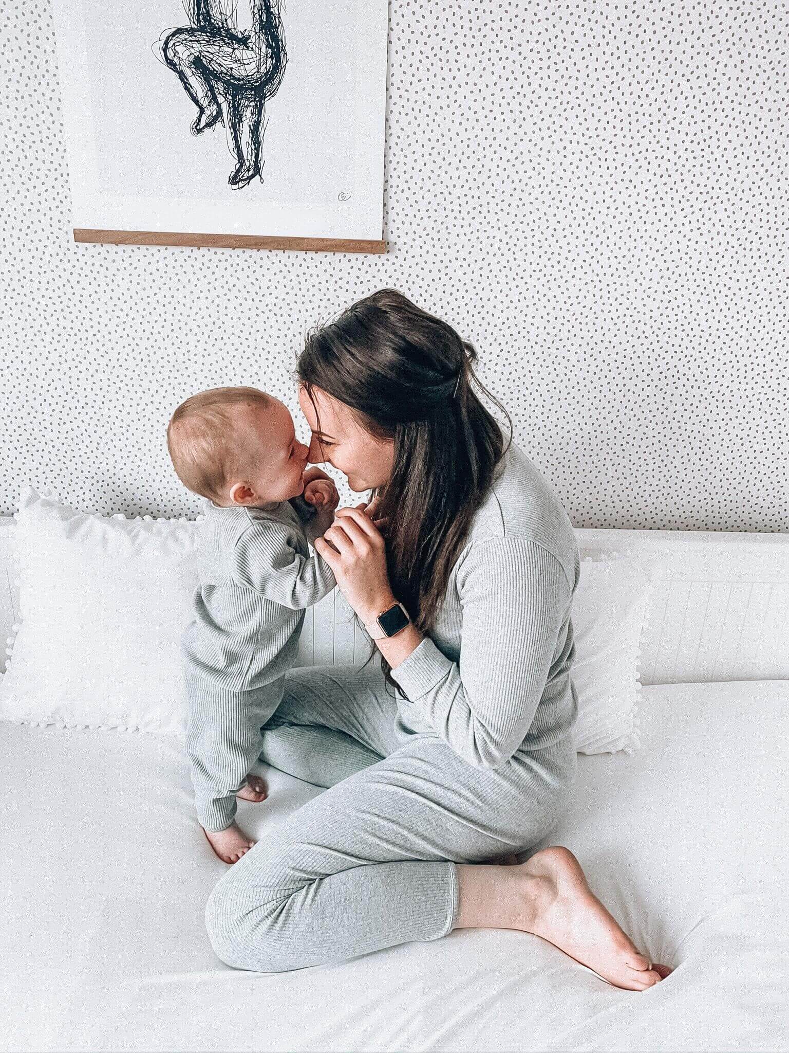 DreamBuy Dove Grey unisex family pyjamas set for all ages, featuring a minimalist style with comfortable drawstring pants and long-sleeved blouse.