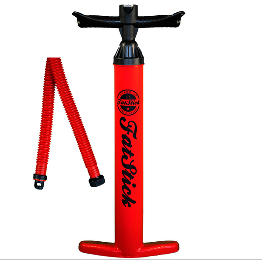 Premium high pressure dual action SUP hand pump with integrated gauge, designed for effortless inflation of inflatable kayaks and paddle boards.