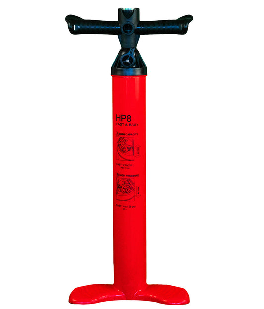 Close-up view of the premium dual action SUP hand pump illustrating the connector hose and pressure gauge, perfect for achieving high PSI inflations.