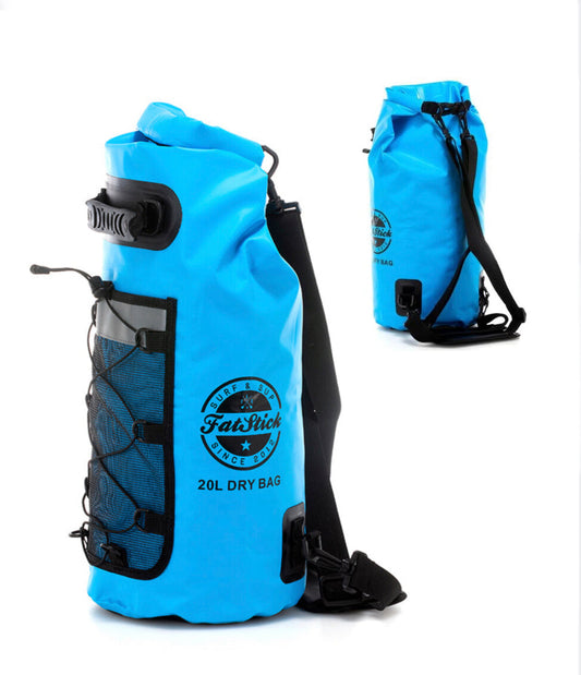 Premium 20L FatStick Dry Bag showcasing its vibrant Open Blue colour, designed for water sports enthusiasts looking to keep their belongings dry.