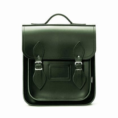 Handmade Ivy Green Leather City Backpack showcasing exquisite craftsmanship with premium leather and sleek silver nickel buckles, designed for stylish urban living, perfect for tablets and laptops up to 13 inches.