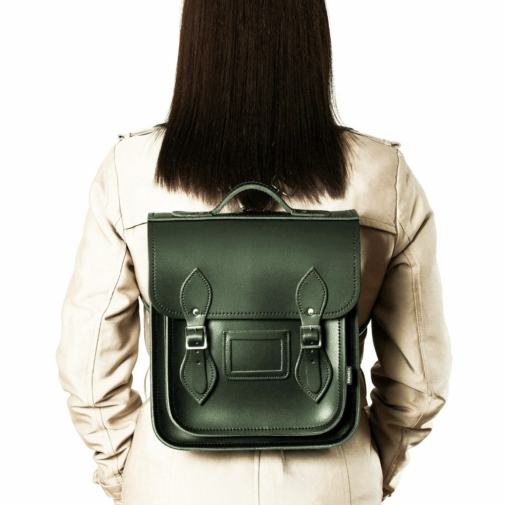Handmade Ivy Green Leather City Backpack with adjustable strap sliders, exemplifying customisable luxury and comfort.