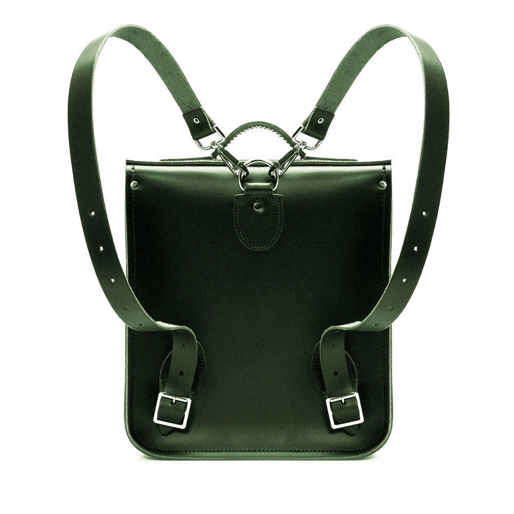 Handmade Ivy Green Leather City Backpack showcasing exquisite craftsmanship and premium leather texture, ideal for urban professionals.