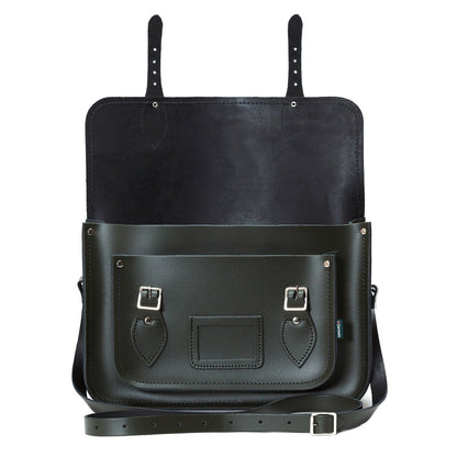Luxury Handmade Leather Satchel in Ivy Green showcasing expert British craftsmanship, complemented by silver nickel buckles and matching cable stitching, ideal for both style and functionality.