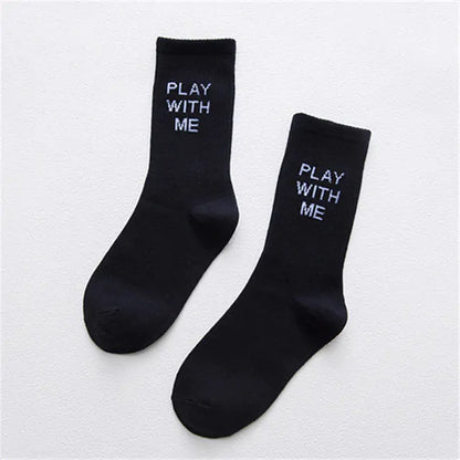 Dazzling Dreams Women’s/Girl’s Street Sports Socks in classy black, featuring striking blue text stating 'PLAY WITH ME', perfect for a modern urban look.