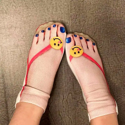 Close-up of Women's Novelty Gift Super Comfy Manicure Print Socks featuring cheerful smiley face designs on playful nail art, perfect for stylish comfort.