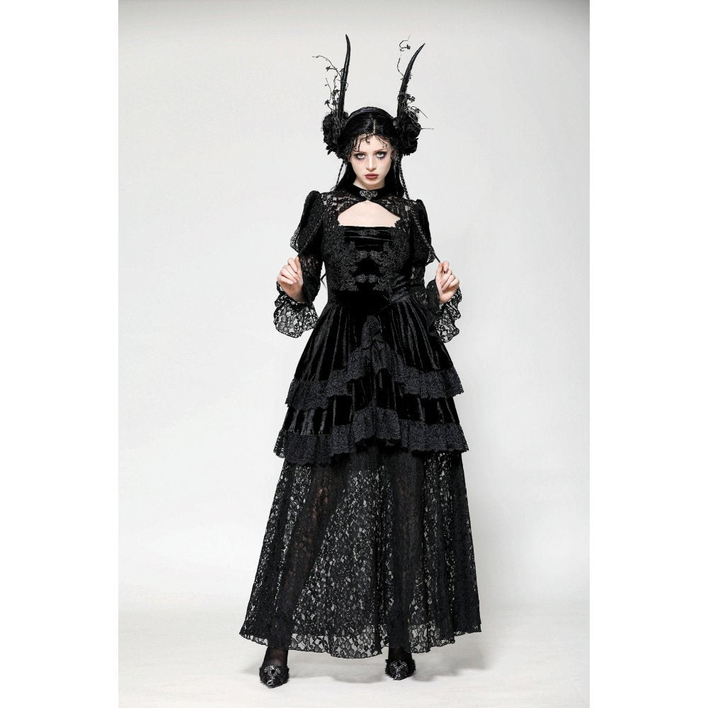 Model wearing the Dark in Love Onyx Velvet Princess Gown, showcasing the dramatic flair and elegant features of gothic fashion.