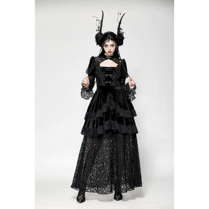 Model wearing the Dark in Love Onyx Velvet Princess Gown, showcasing the dramatic flair and elegant features of gothic fashion.