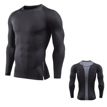 Chic men's long sleeve compression shirt in versatile black, designed for breathability and style during athletic performance.