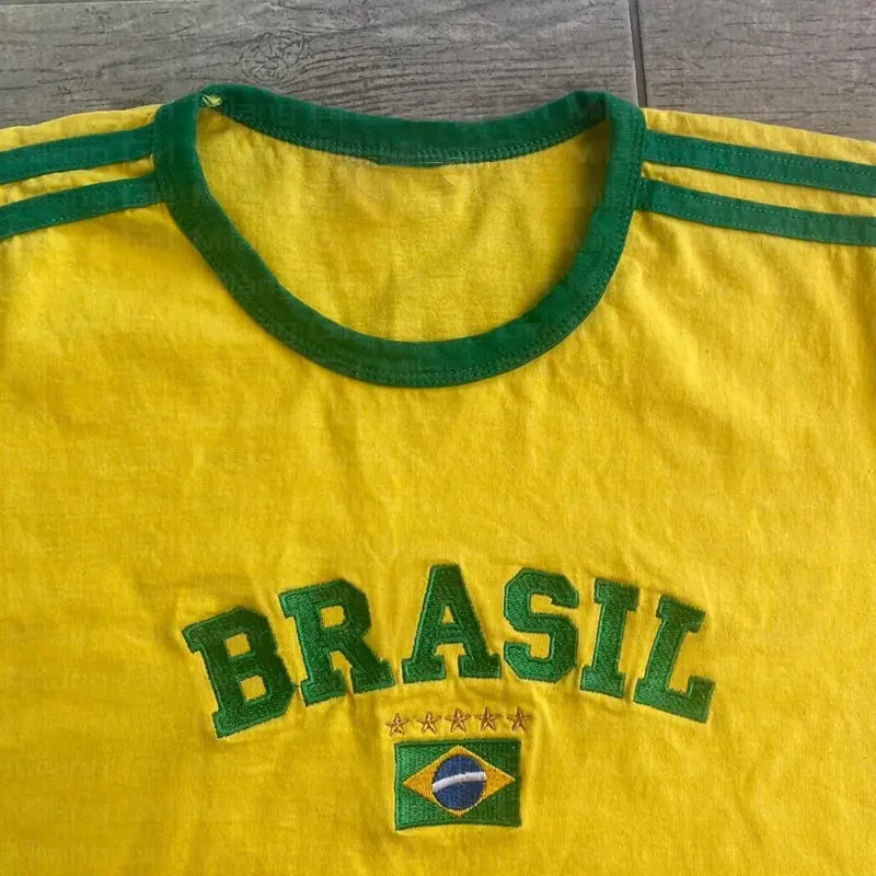 Women's  Embroidered Brasil Soccor Football Tee Vintage Casual Short Sleeve T-Shirt