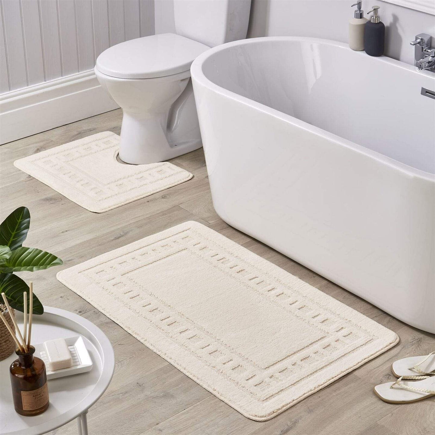 Variety of colours available for the Jumbo Miami Bath Mat Set shown in a beautifully styled bathroom, perfect for enhancing any decor.