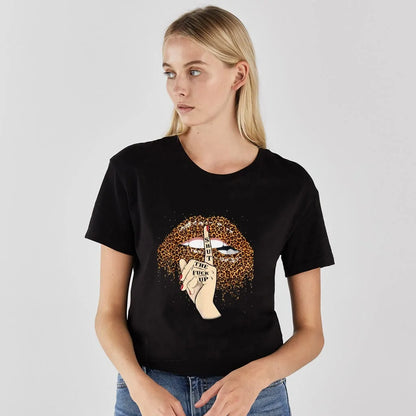 Model wearing the Leopard Lips Print Women's T-Shirt by Dazzling Dreams Studio, showcasing its classic O-neck design and elegant white hue, perfect for any casual occasion.