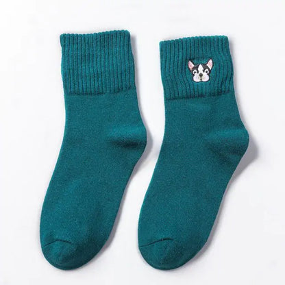 Cozy Women's Cotton French Bulldog Embroidered Socks in teal colour, featuring a charming French Bulldog embroidery on the cuff. A perfect gift for dog lovers.