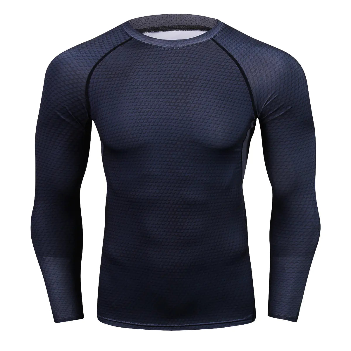 Elegant men's navy blue animal print long sleeve compression shirt, designed for comfort and enhanced mobility during workouts.