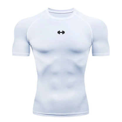 High Elastic Compression T Shirt in white, showcasing its elegant design and premium quality for fitness enthusiasts.