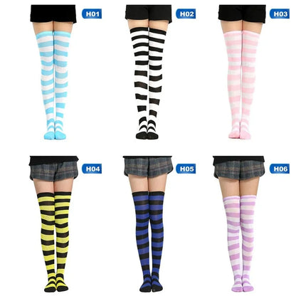 Luxurious cotton striped thigh high socks from Dazzling Dreams Studio, featuring a chic kawaii aesthetic ideal for elevating casual and formal outfits.