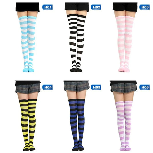 Collection of Kawaii Lolita Cotton Striped Thigh High Socks in various colours, perfect for fashion-forward anime cosplay enthusiasts.
