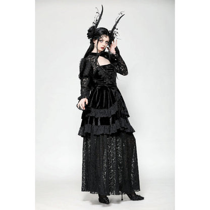 Gothic Velvet Lace Princess Gown - Dark in Love Onyx Dress displayed on a mannequin, showcasing the elegant high neckline and striking choker collar.