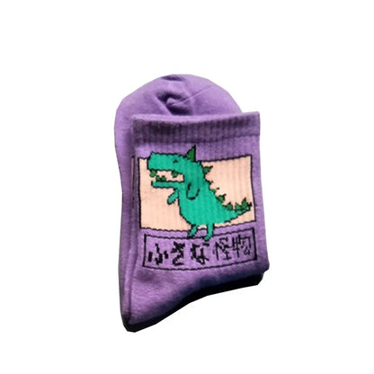 Stylish Hip Hop Long Socks for Women & Girls in a soft purple hue, adorned with a whimsical green dinosaur cartoon design. Crafted for comfort and style, perfect for the fashion-savvy.