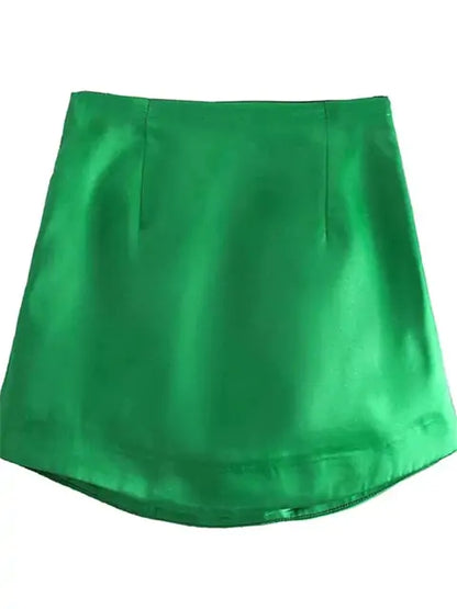 Luxurious Satin Short Skirt for Women in Vibrant Green - Chic High Waist Design, enhancing elegance and style.