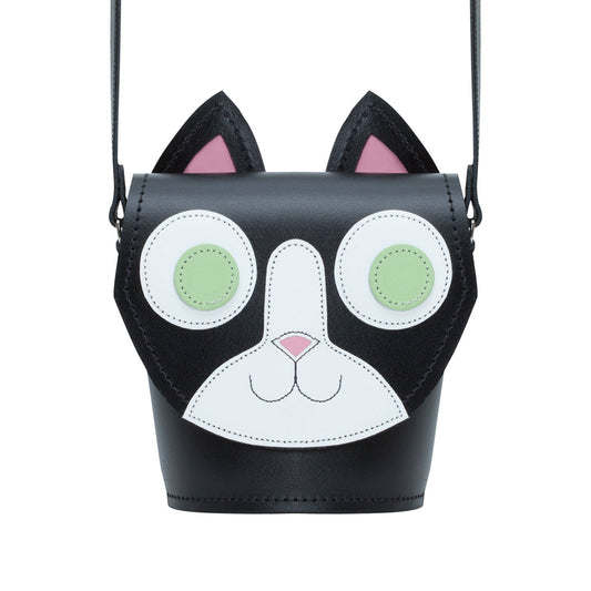 Handmade Leather Kitty Cat Barrel Bag displaying premium quality leather construction and elegant appliquéd cat face design, ideal for cat lovers seeking luxury accessories.