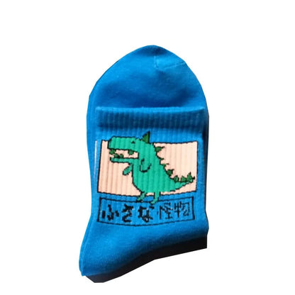 Stylish Hip Hop Long Socks for Women & Girls showcasing a cheerful cartoon dinosaur design in a bright blue hue, made from a comfortable cotton and polyester blend.