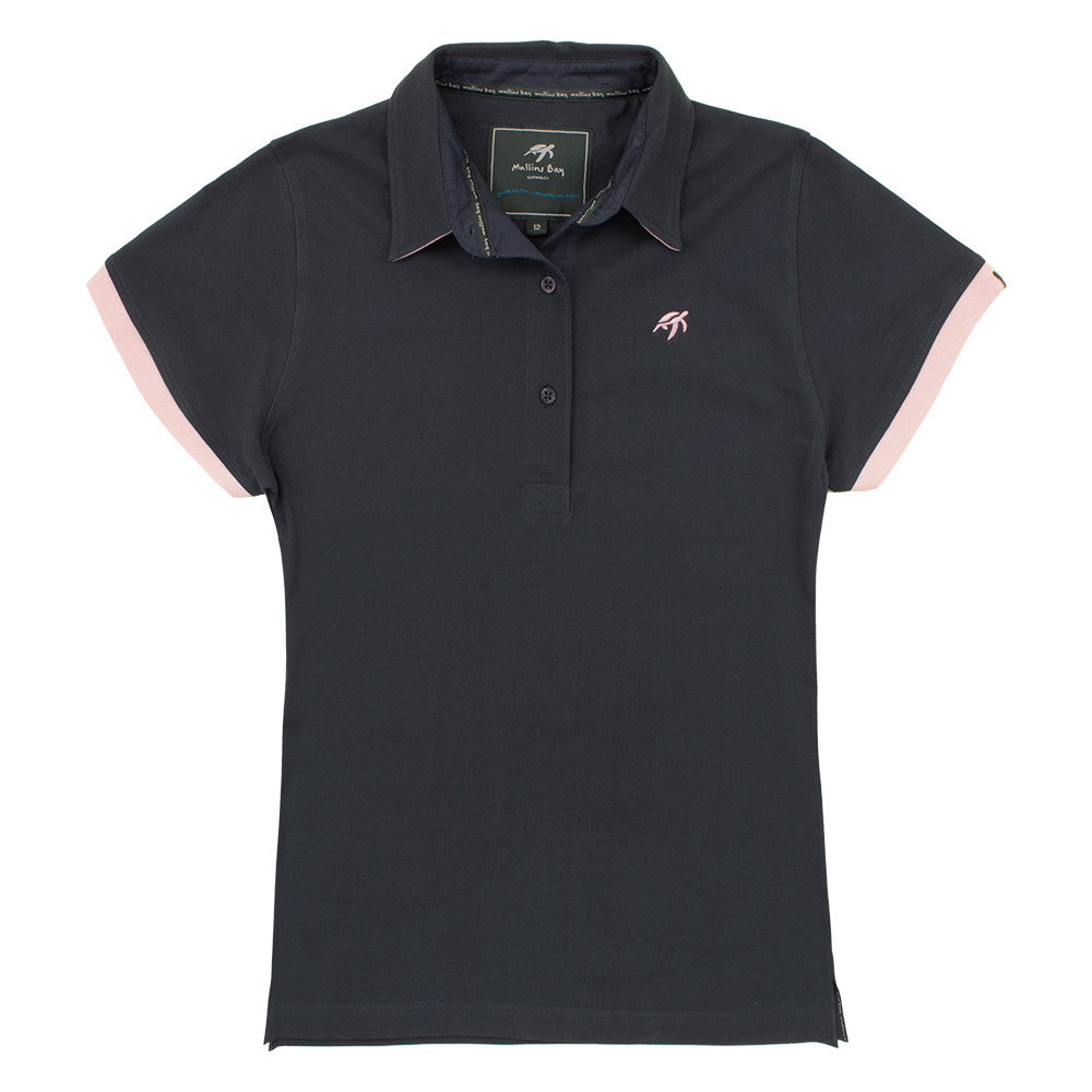 Ladies Harbour Blue Mullins Soft Cotton Polo Shirt featuring a flattering silhouette, short sleeves, and signature embroidered turtle on the chest, ideal for elegant summer outings.