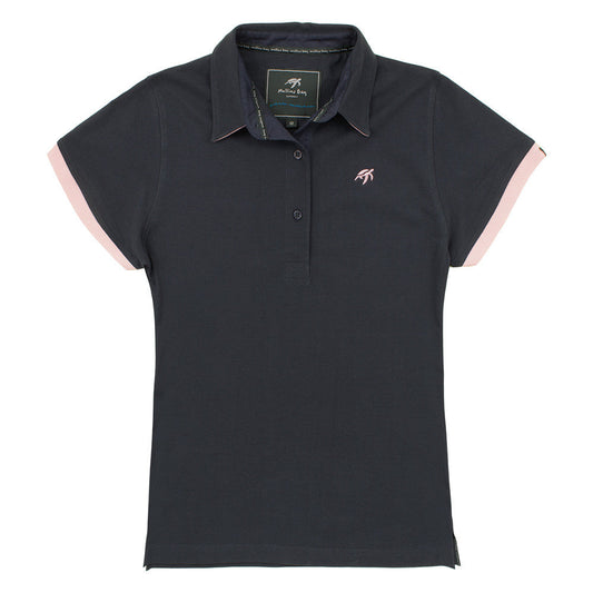 Ladies Harbour Blue Mullins Soft Cotton Polo Shirt featuring a flattering silhouette, short sleeves, and signature embroidered turtle on the chest, ideal for elegant summer outings.