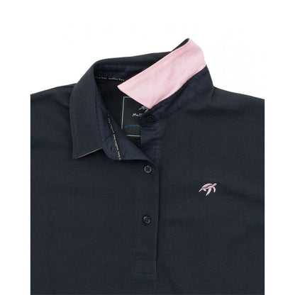 Ladies Harbour Blue Mullins Soft Cotton Polo Shirt showcasing a flattering fit, embroidered turtle design, and stylish short sleeves for a luxurious casual wardrobe upgrade.