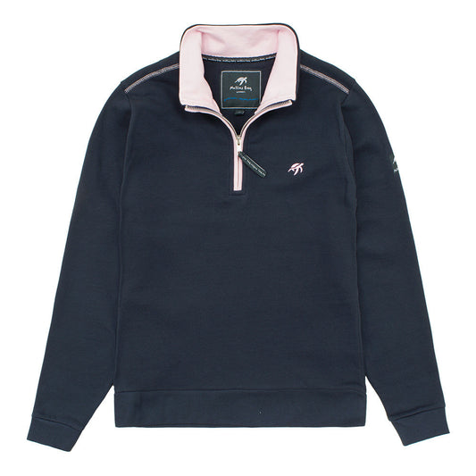 Luxurious ladies Harbour Blue West Coast sweatshirt featuring a half zip and elegant side pockets, designed for comfort and style, perfect for layering.